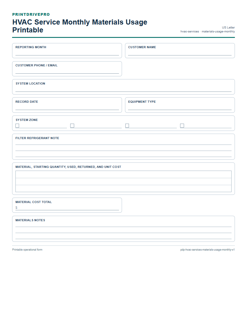 HVAC Service Monthly Materials Usage Printable preview