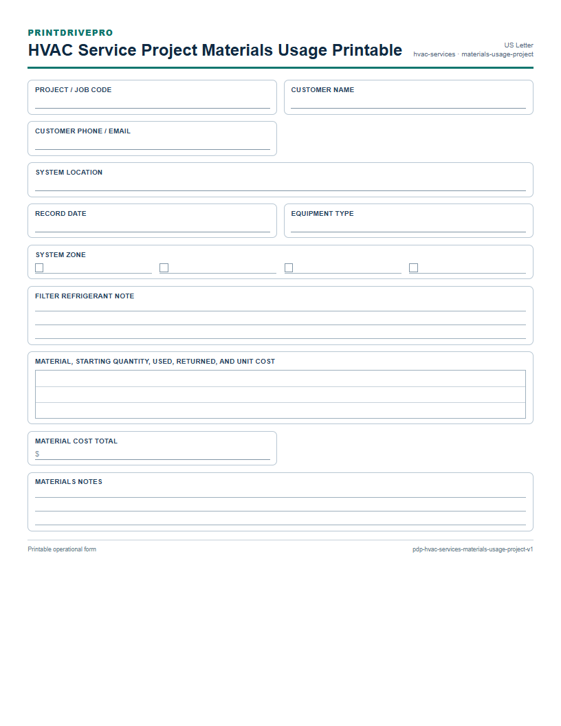 HVAC Service Project Materials Usage Printable preview