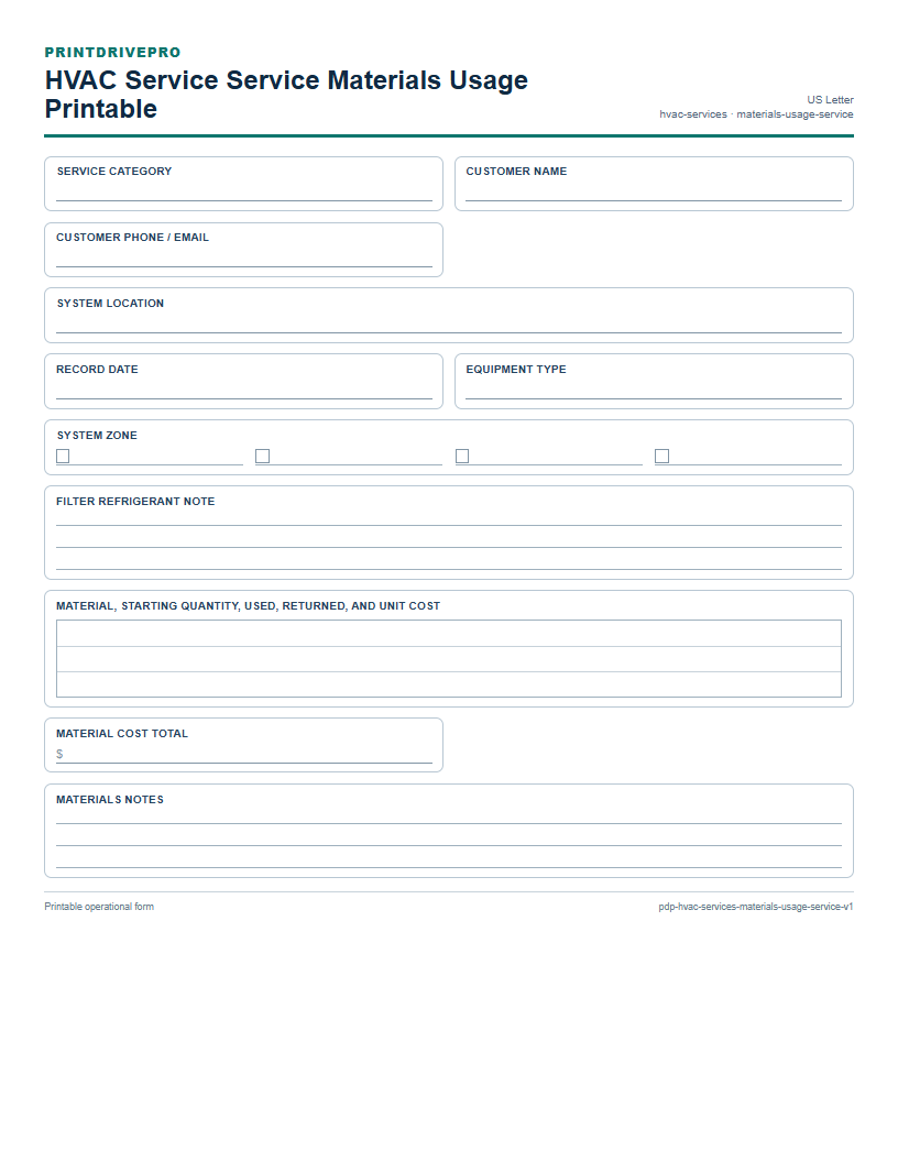 HVAC Service Service Materials Usage Printable preview