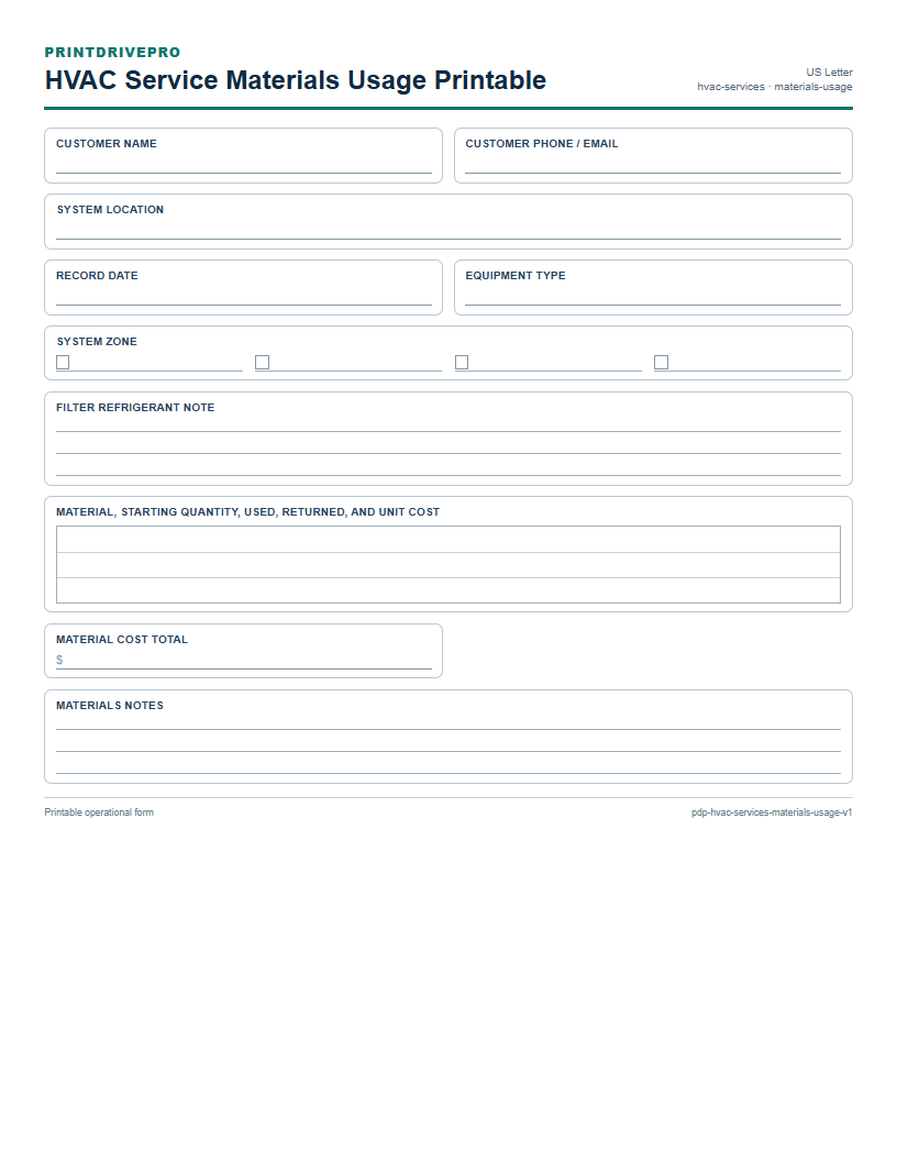 HVAC Service Materials Usage Printable preview
