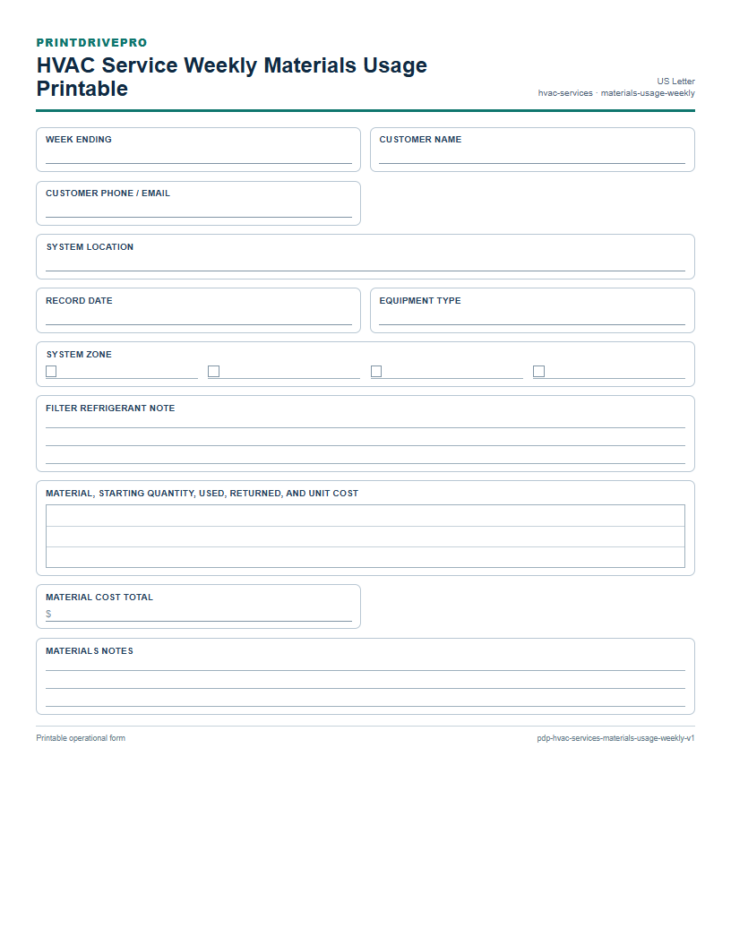 HVAC Service Weekly Materials Usage Printable preview