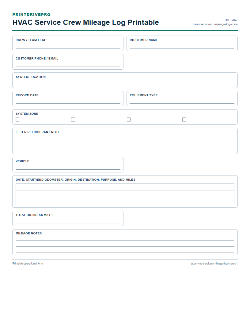 HVAC Service Crew Mileage Log Printable preview