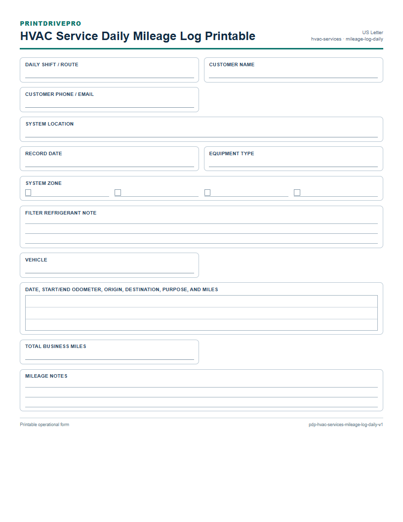 HVAC Service Daily Mileage Log Printable preview