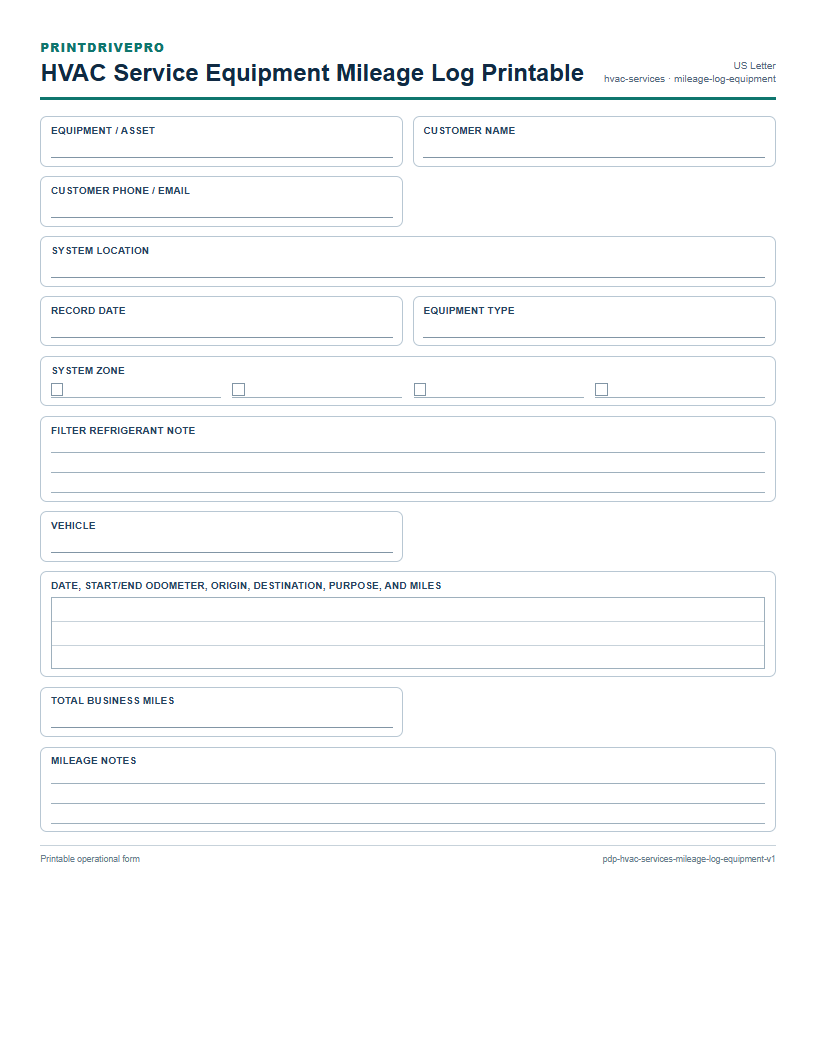 HVAC Service Equipment Mileage Log Printable preview