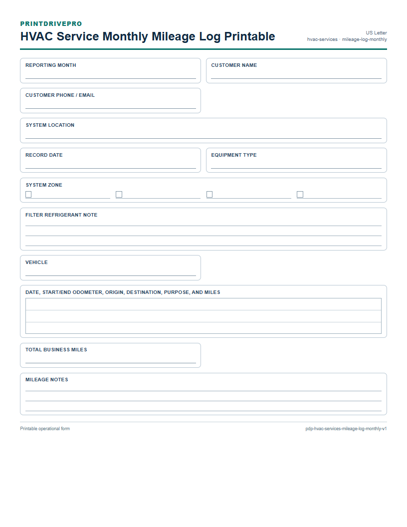 HVAC Service Monthly Mileage Log Printable preview