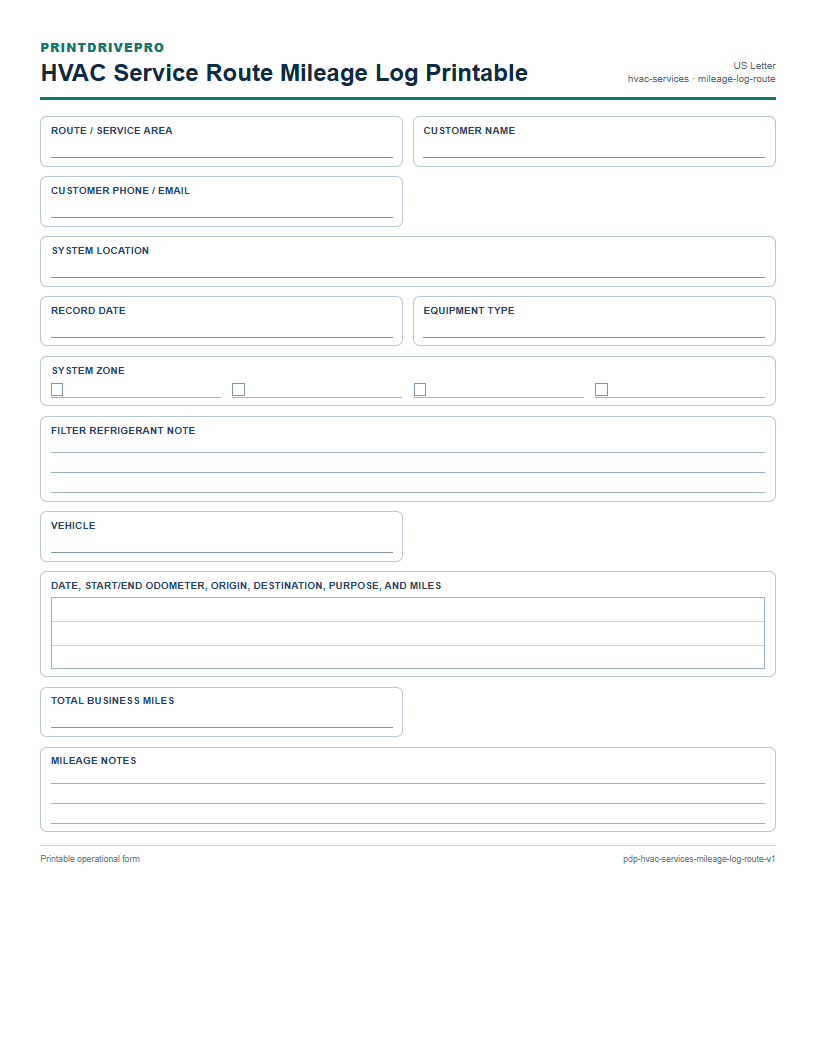 HVAC Service Route Mileage Log Printable preview