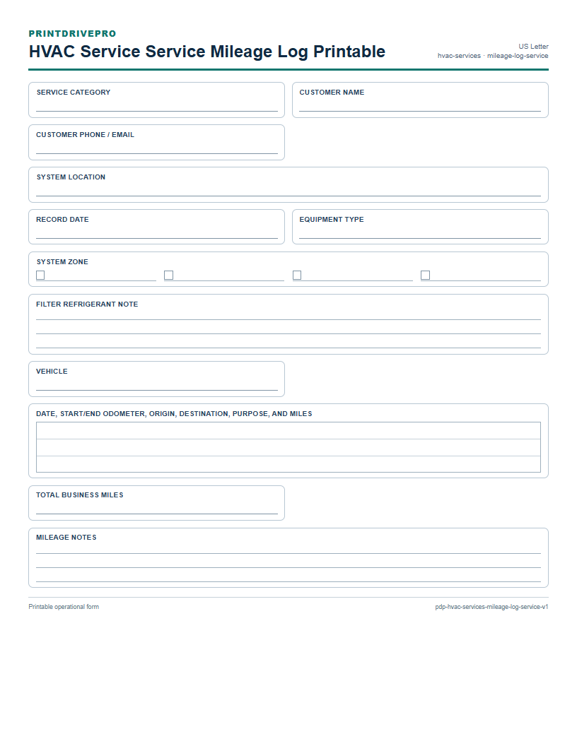 HVAC Service Service Mileage Log Printable preview