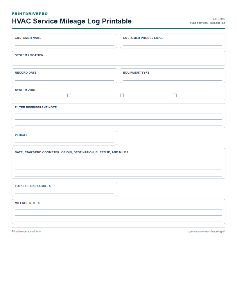 HVAC Service Mileage Log Printable preview