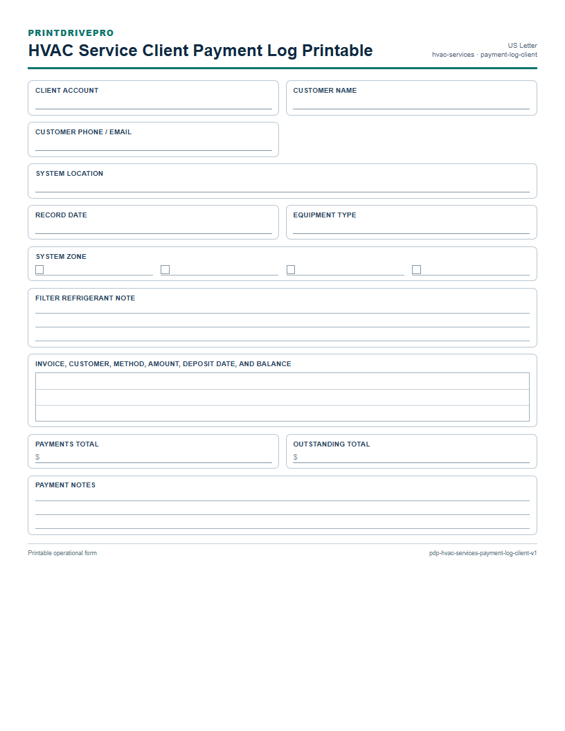 HVAC Service Client Payment Log Printable preview