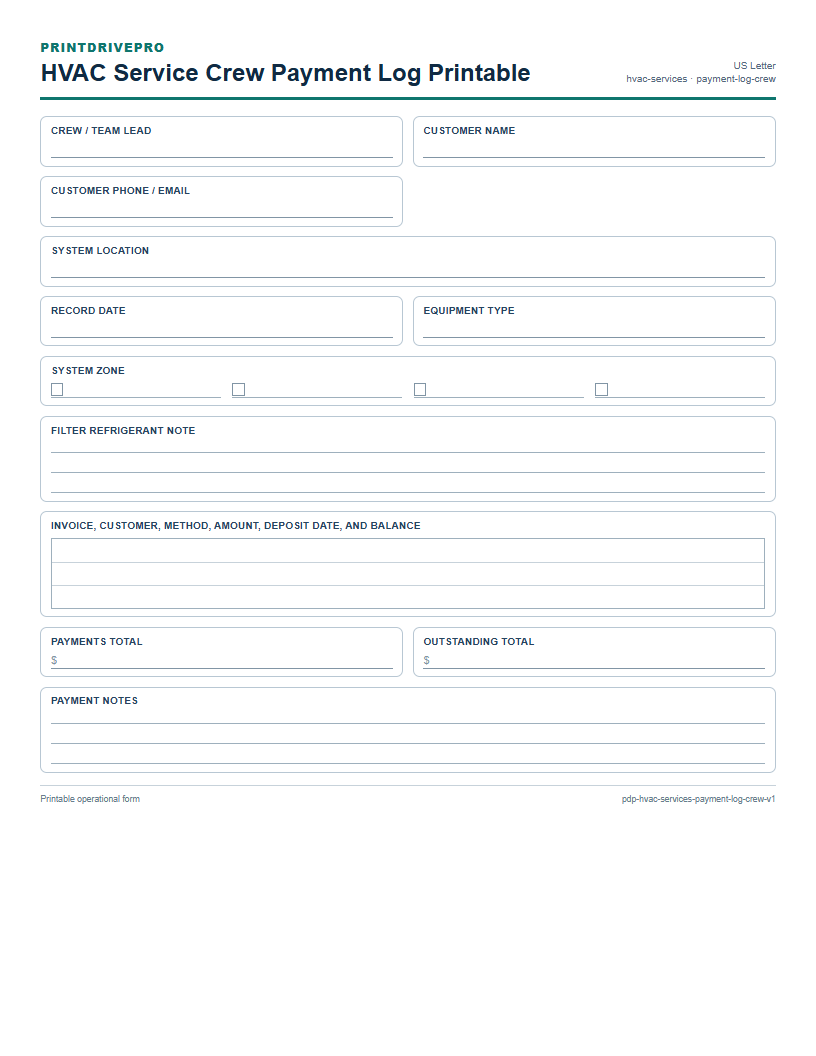 HVAC Service Crew Payment Log Printable preview