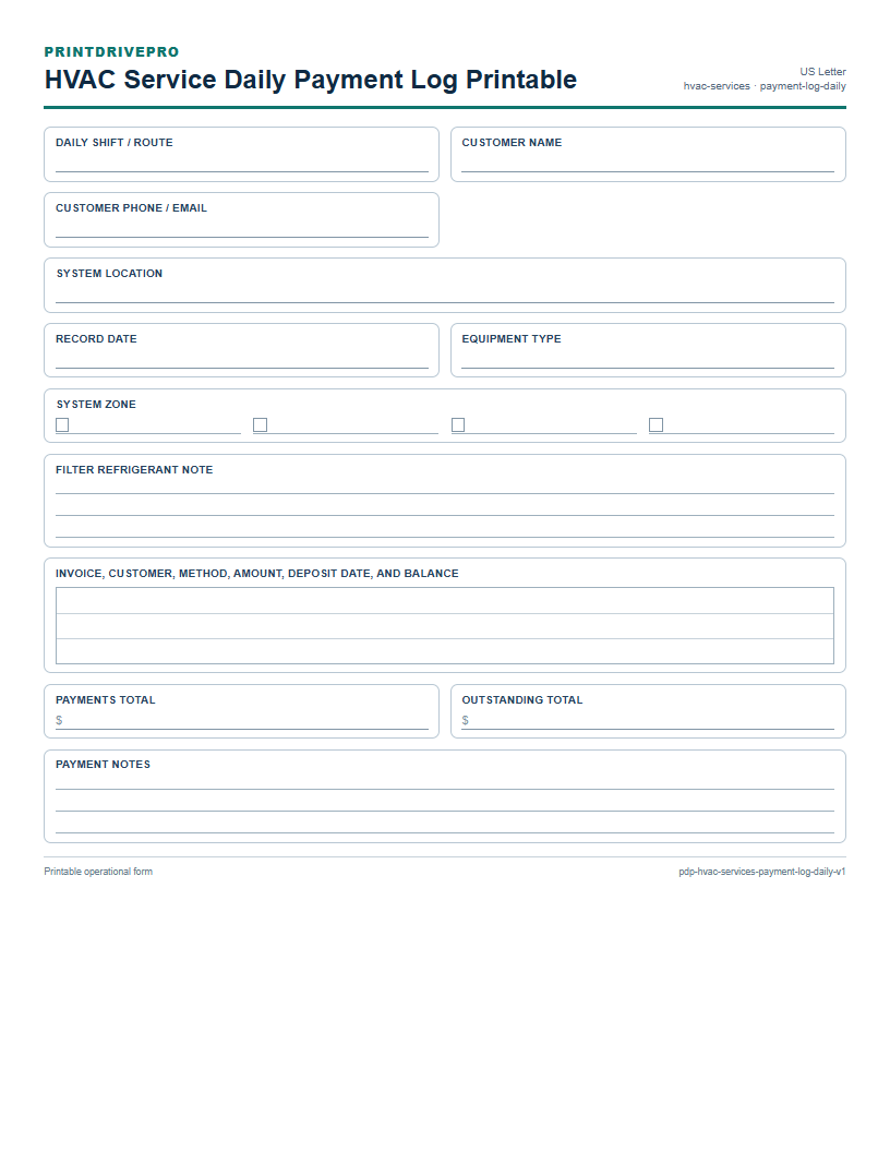HVAC Service Daily Payment Log Printable preview