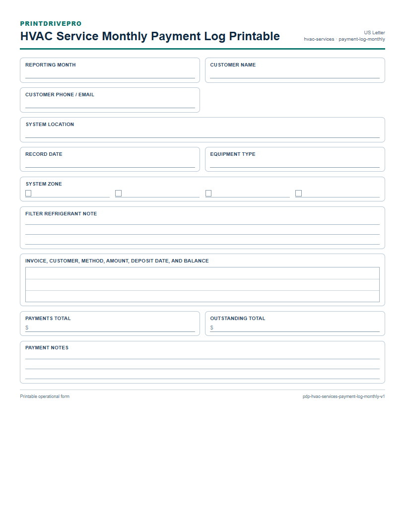HVAC Service Monthly Payment Log Printable preview