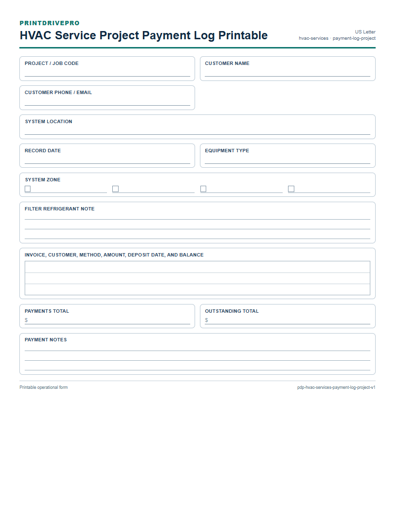 HVAC Service Project Payment Log Printable preview