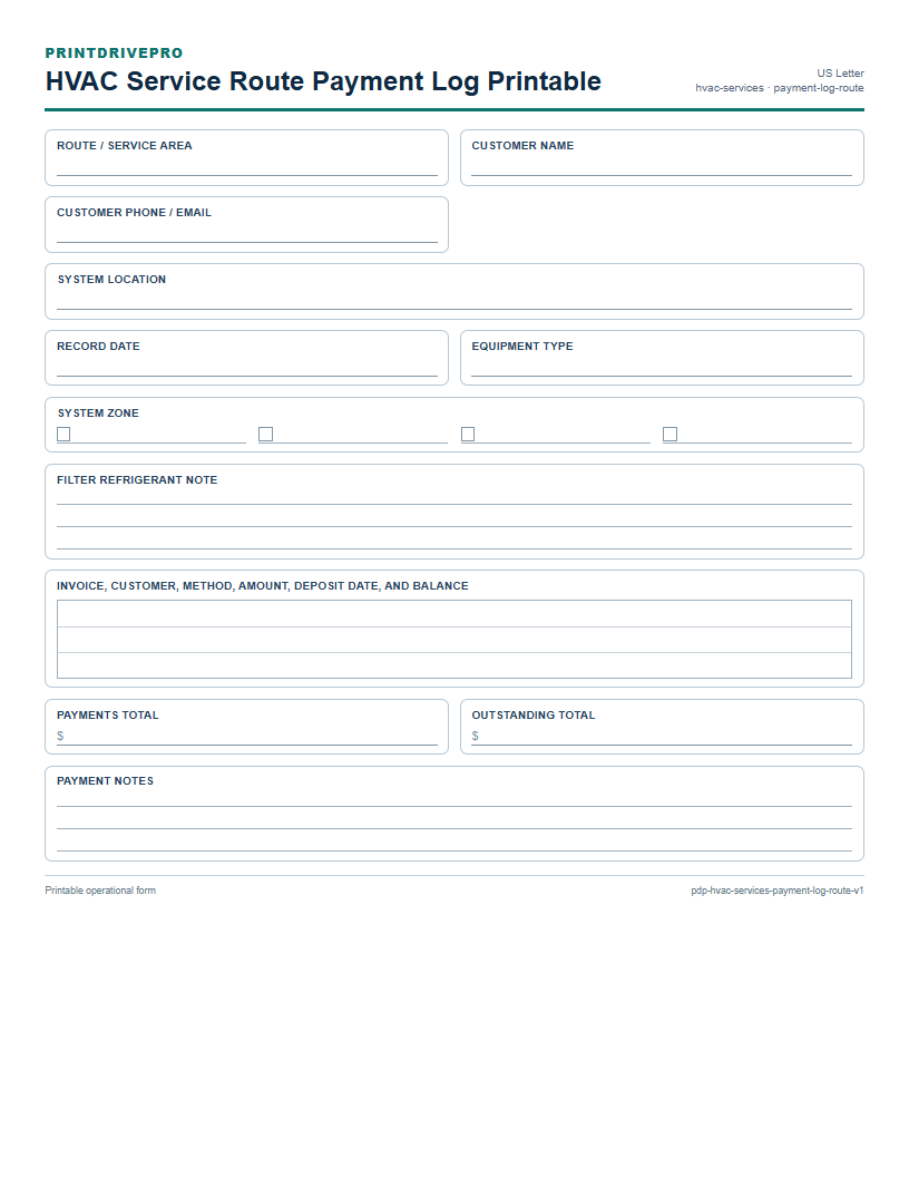 HVAC Service Route Payment Log Printable preview