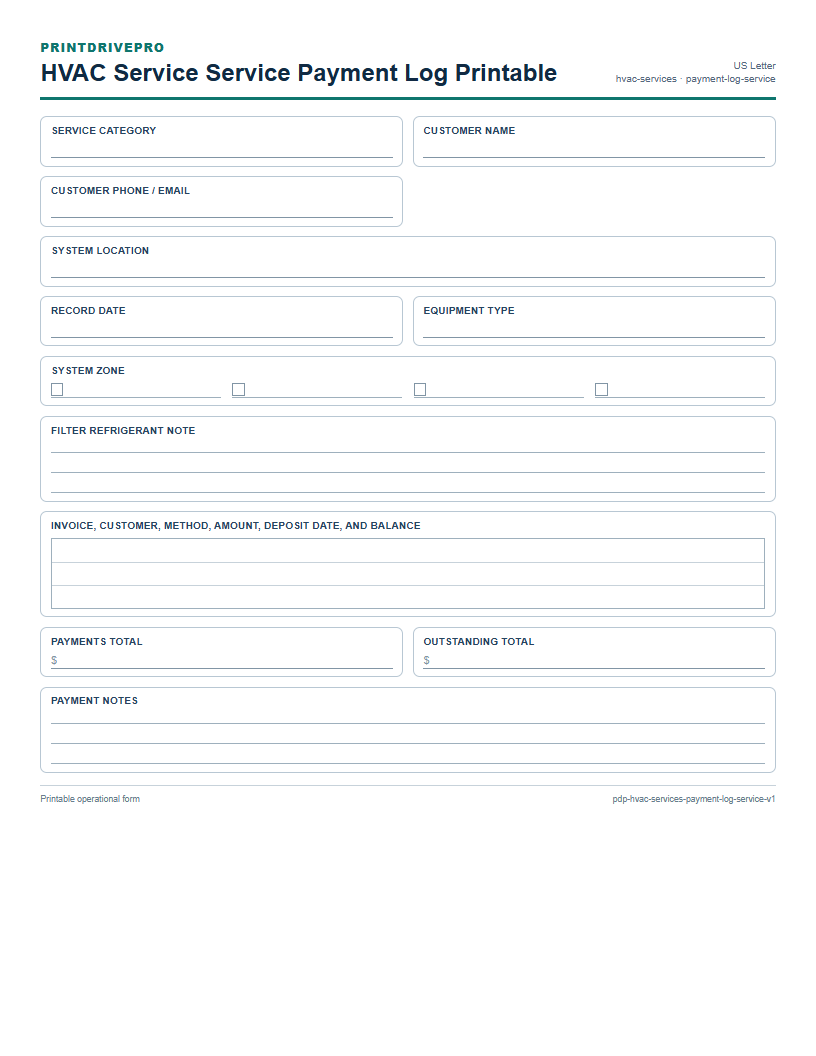 HVAC Service Service Payment Log Printable preview