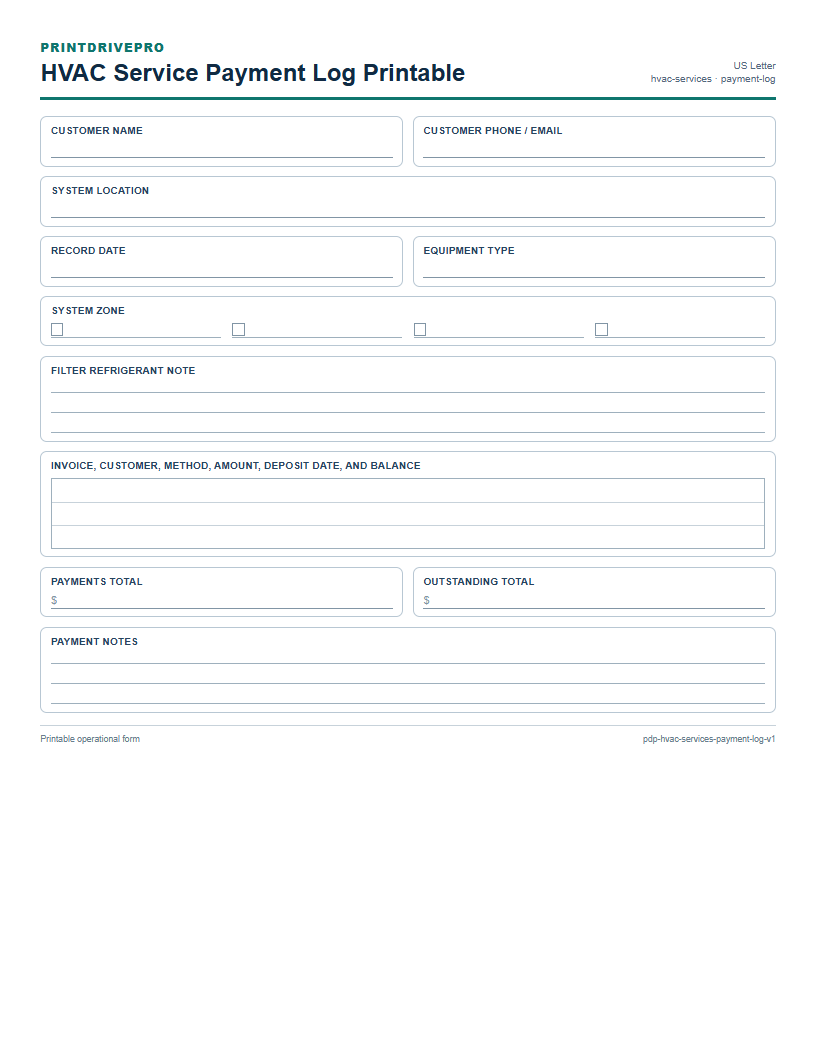 HVAC Service Payment Log Printable preview
