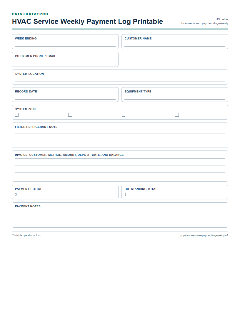 HVAC Service Weekly Payment Log Printable preview