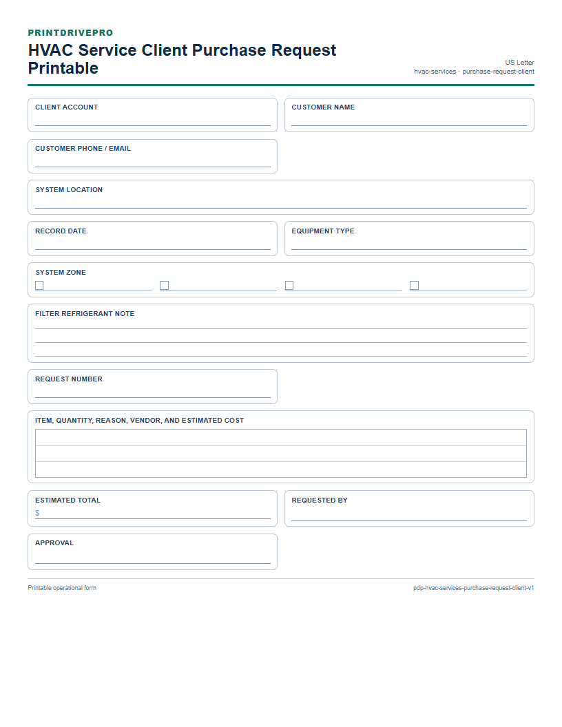 HVAC Service Client Purchase Request Printable preview