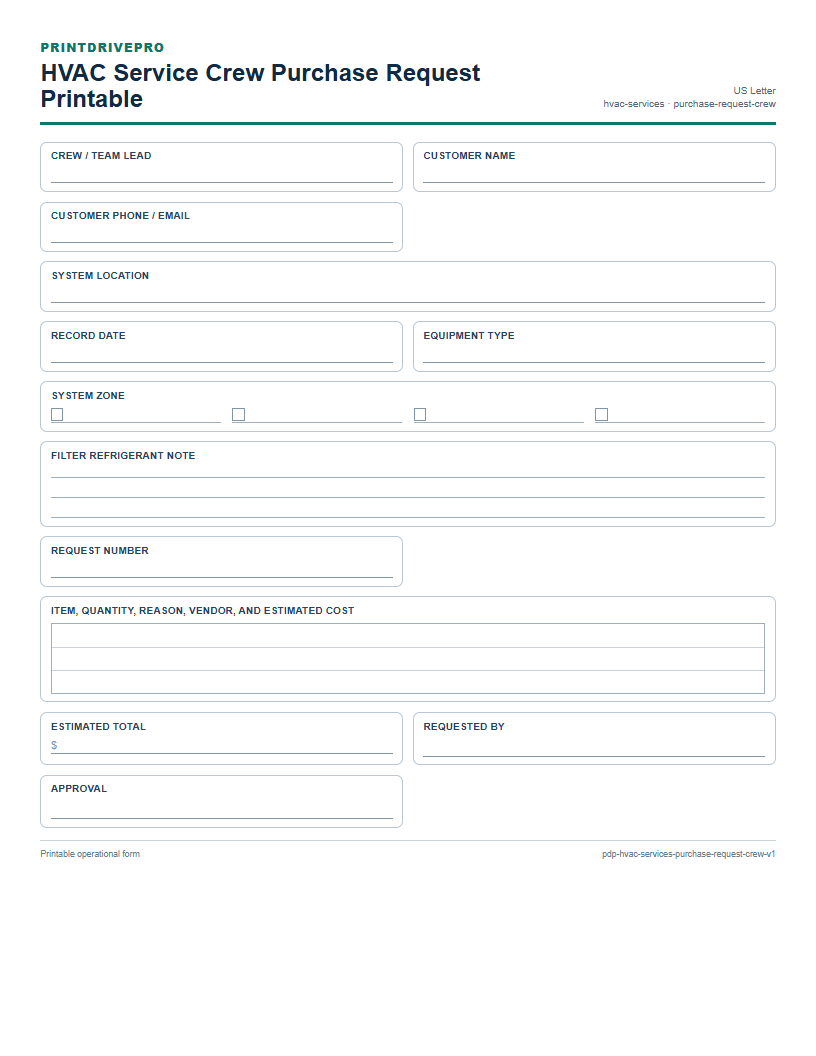 HVAC Service Crew Purchase Request Printable preview