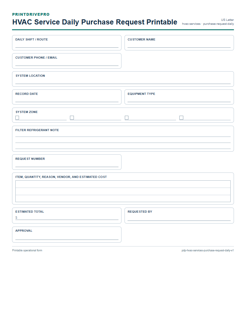 HVAC Service Daily Purchase Request Printable preview