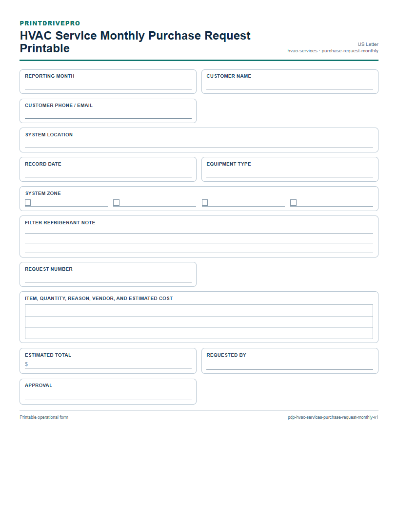 HVAC Service Monthly Purchase Request Printable preview