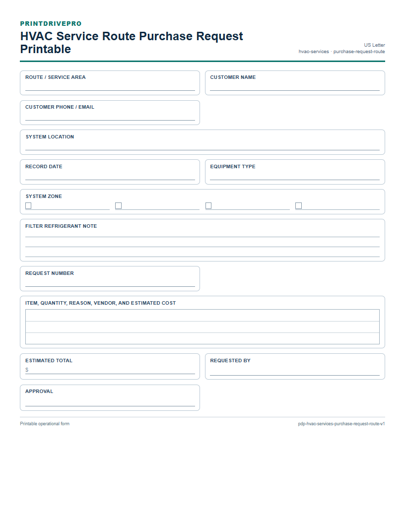 HVAC Service Route Purchase Request Printable preview