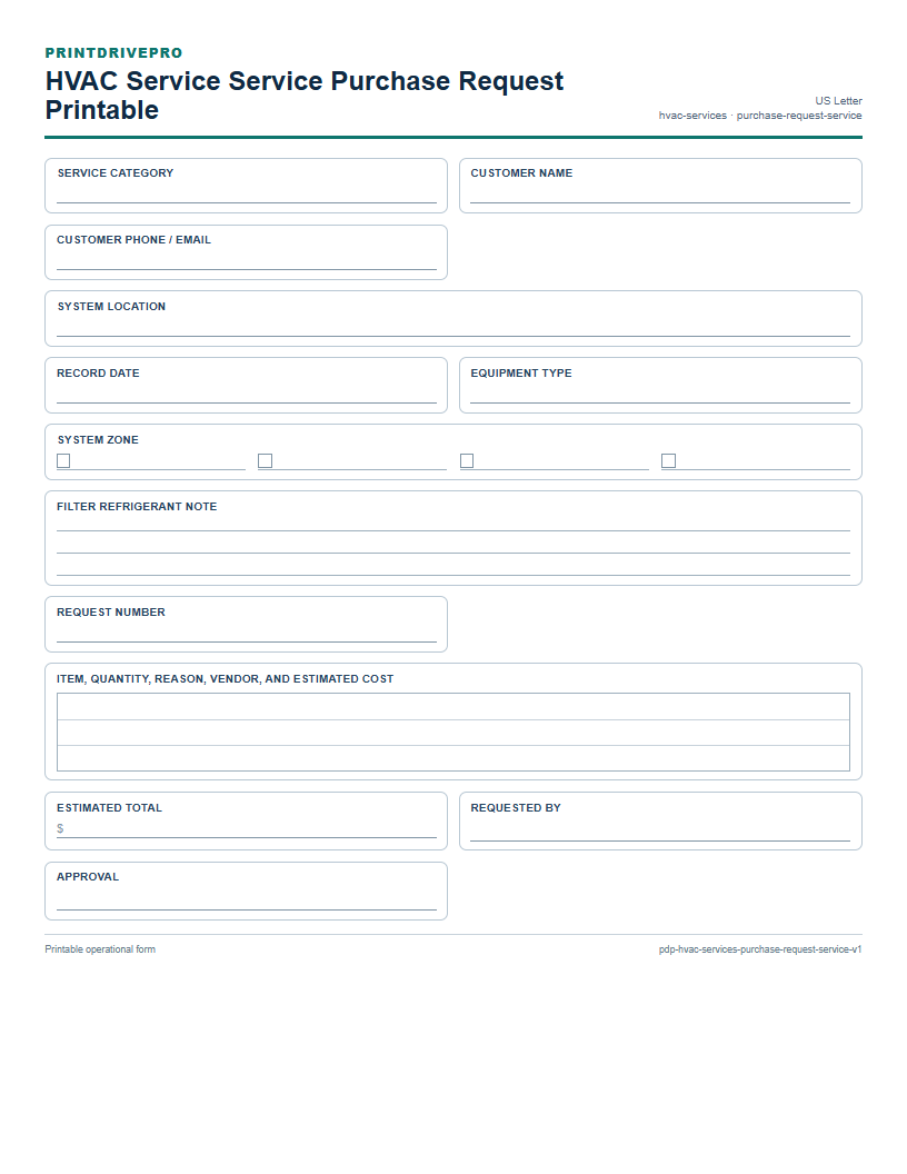 HVAC Service Service Purchase Request Printable preview