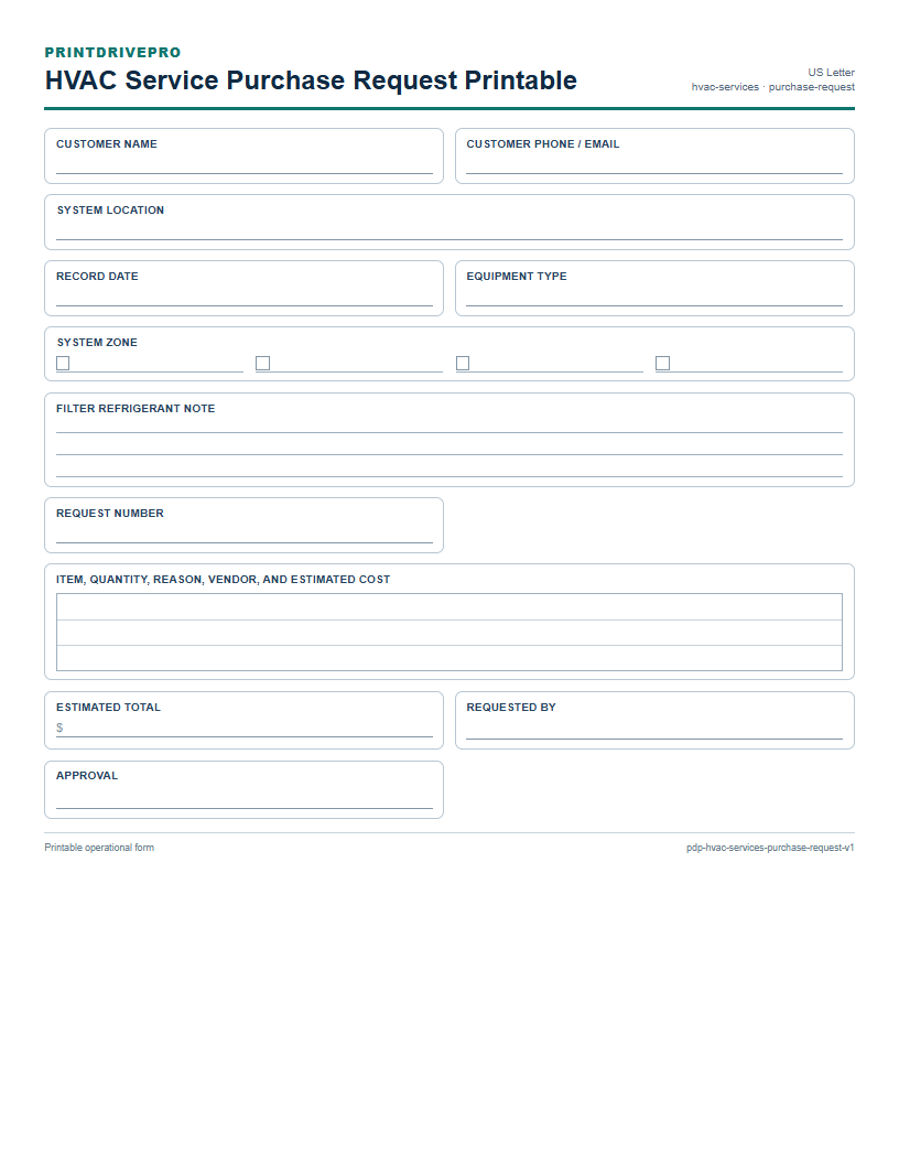 HVAC Service Purchase Request Printable preview