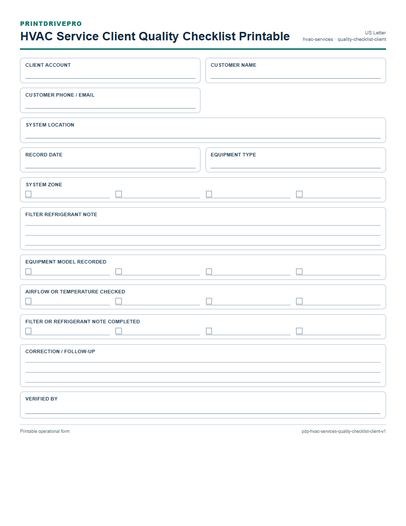 HVAC Service Client Quality Checklist Printable preview