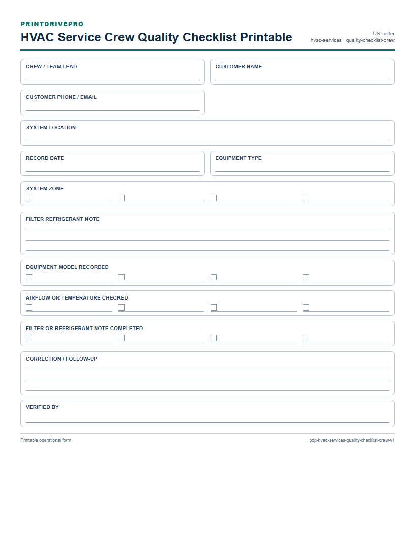 HVAC Service Crew Quality Checklist Printable preview
