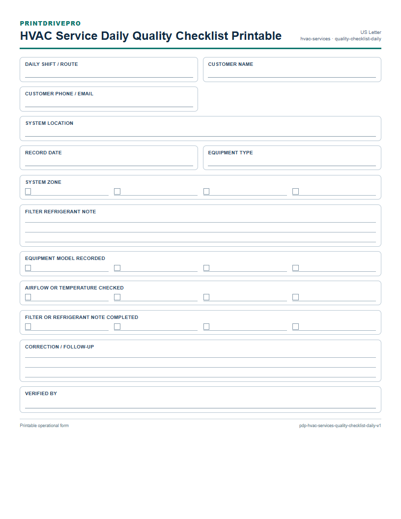 HVAC Service Daily Quality Checklist Printable preview