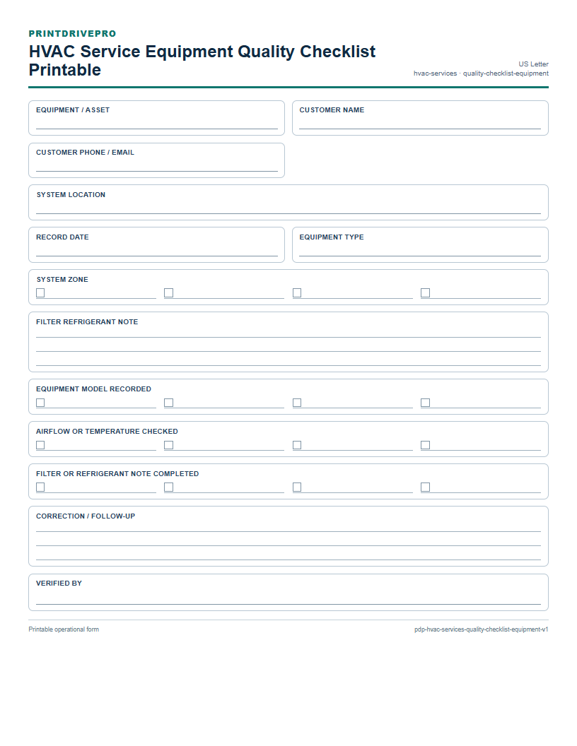 HVAC Service Equipment Quality Checklist Printable preview