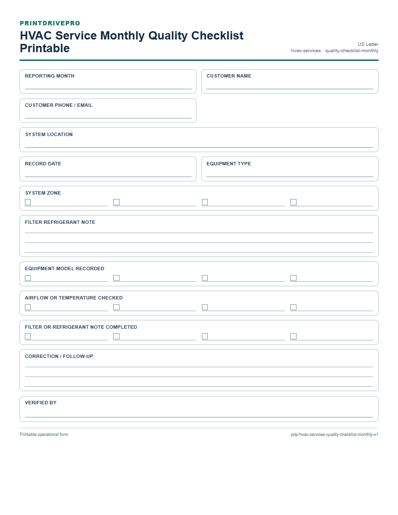 HVAC Service Monthly Quality Checklist Printable preview