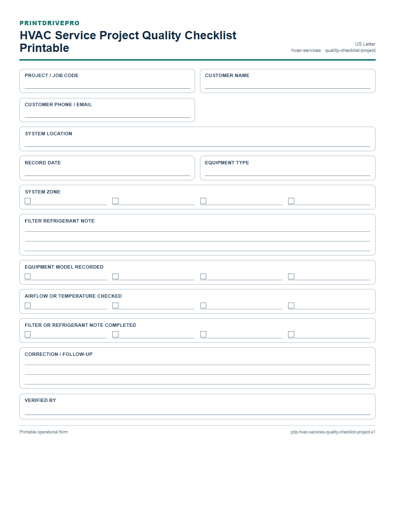 HVAC Service Project Quality Checklist Printable preview