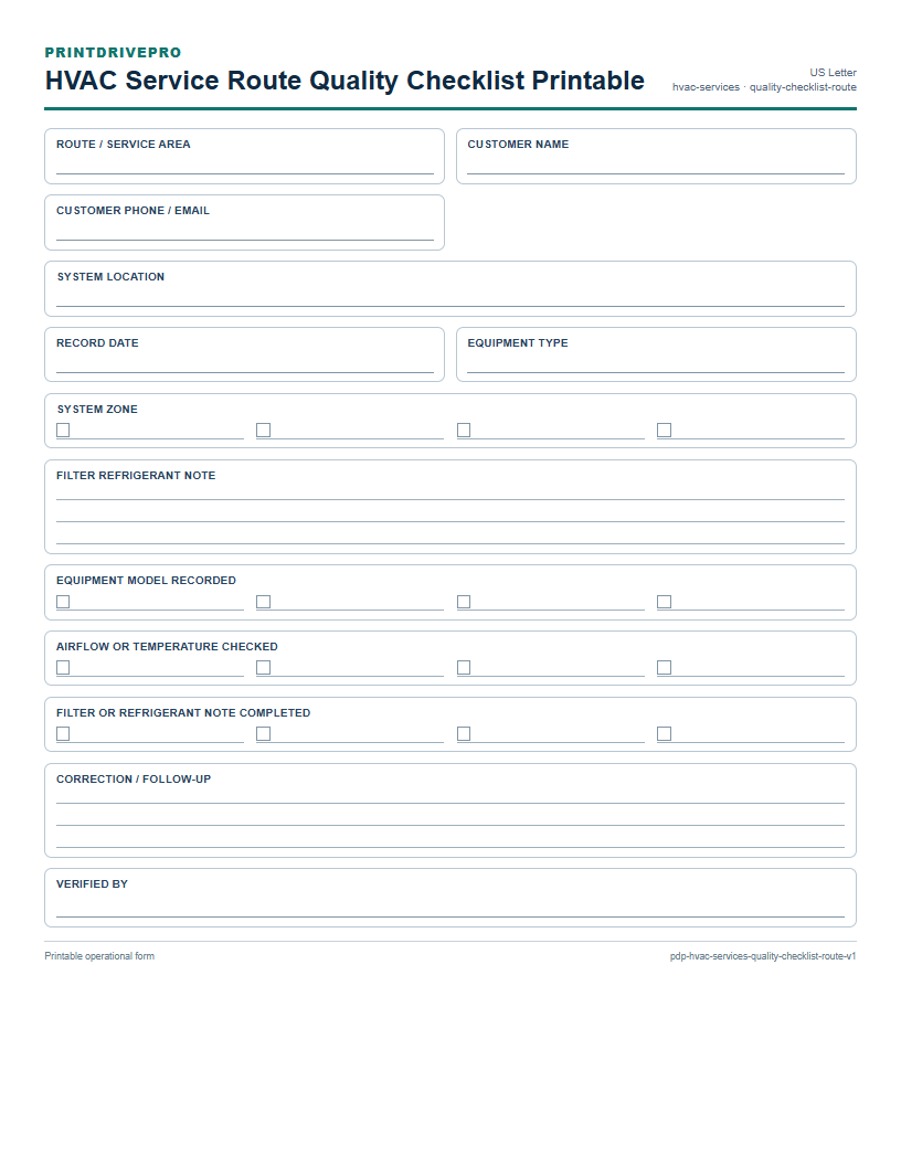 HVAC Service Route Quality Checklist Printable preview