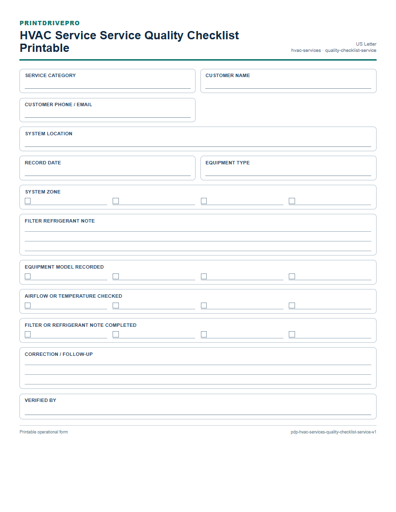 HVAC Service Service Quality Checklist Printable preview