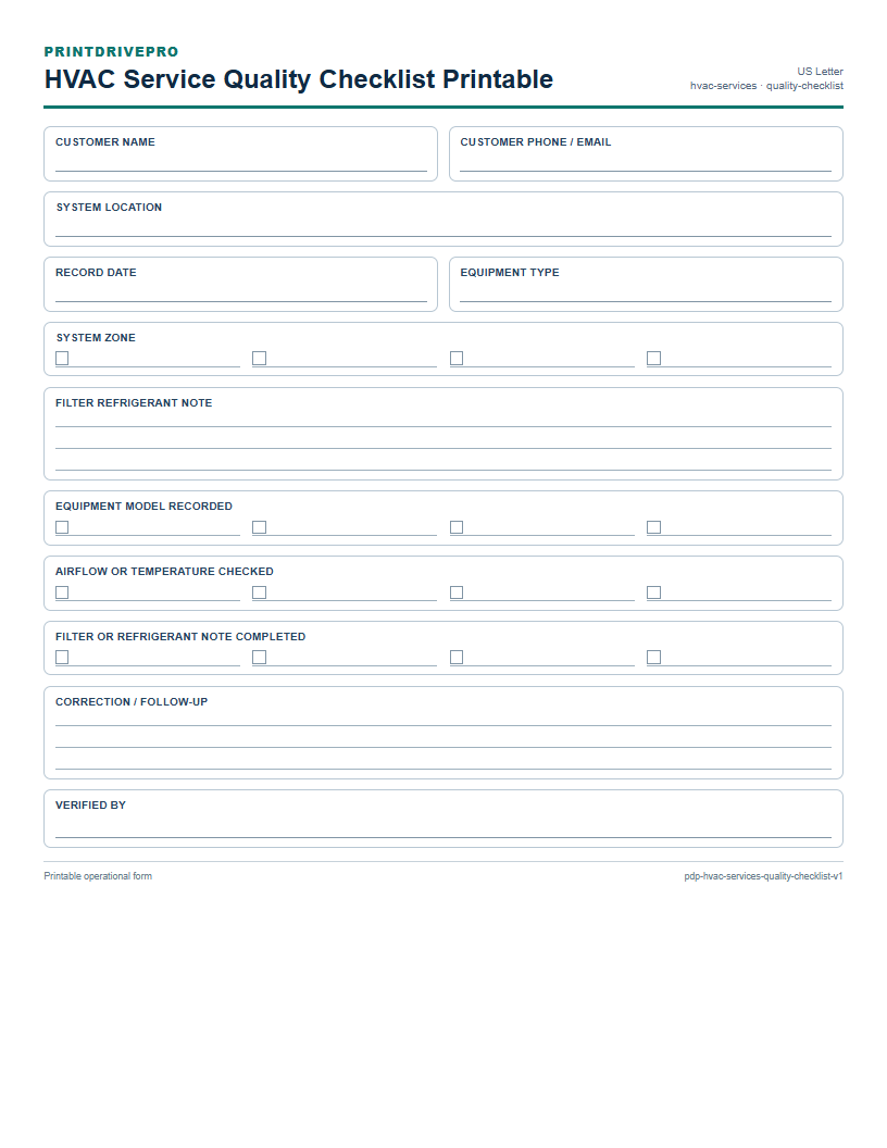 HVAC Service Quality Checklist Printable preview