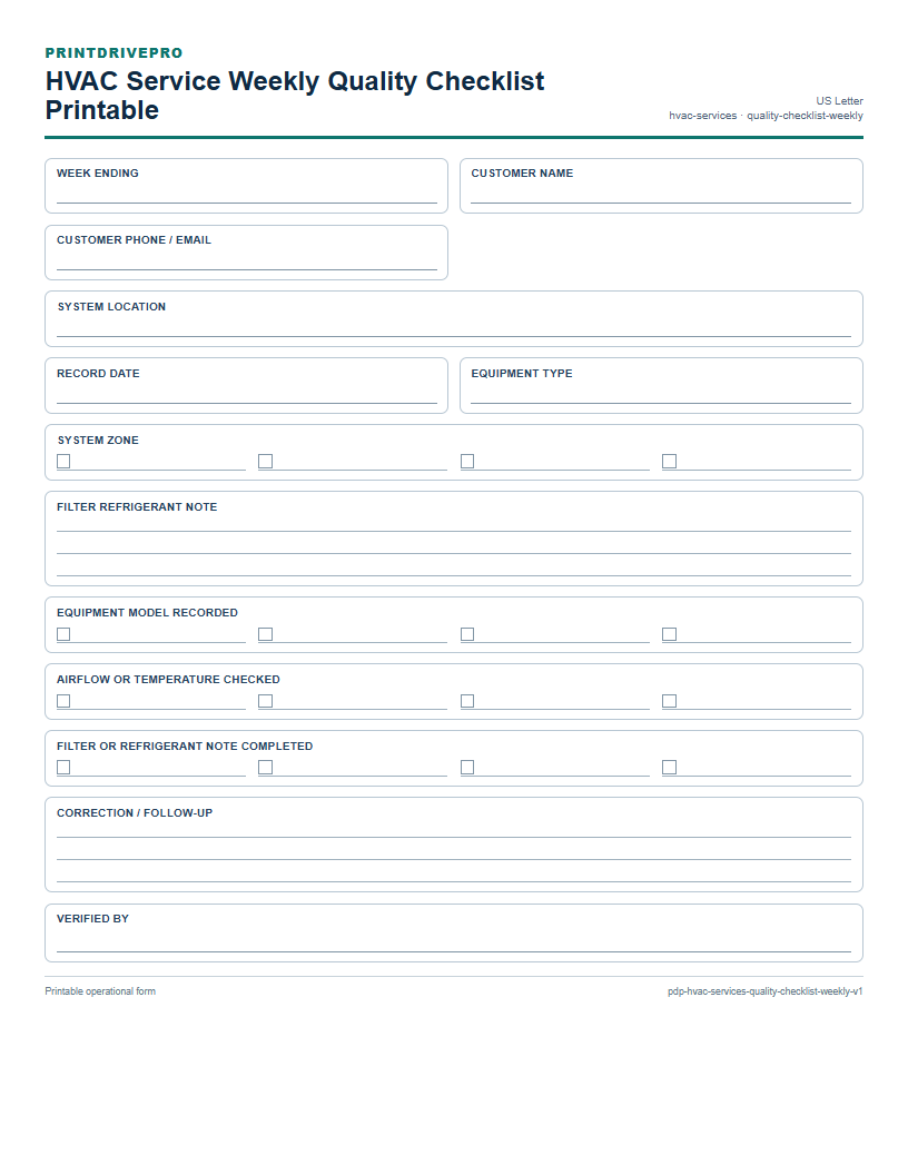 HVAC Service Weekly Quality Checklist Printable preview