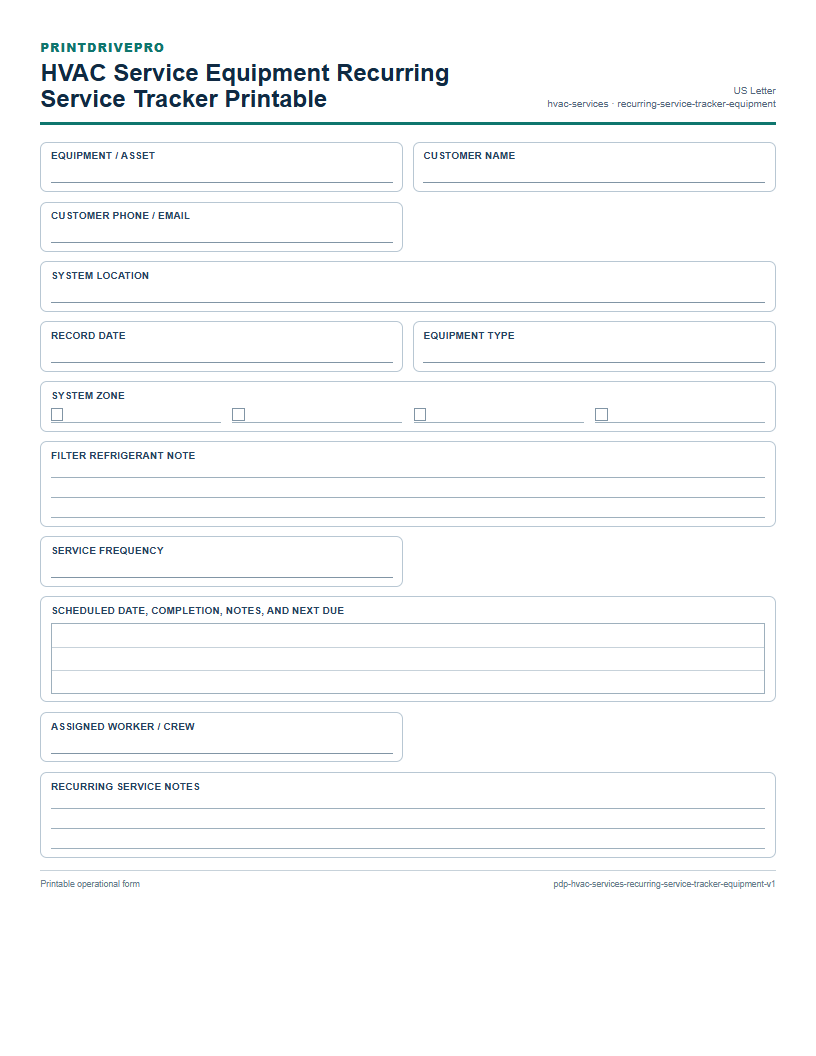 HVAC Service Equipment Recurring Service Tracker Printable preview