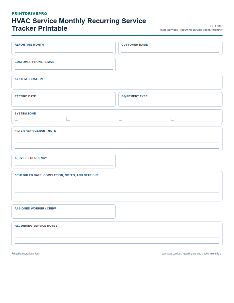 HVAC Service Monthly Recurring Service Tracker Printable preview