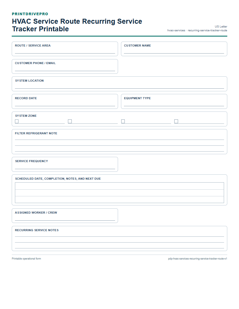 HVAC Service Route Recurring Service Tracker Printable preview