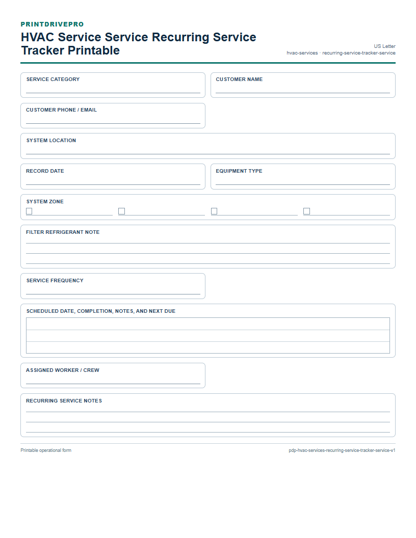 HVAC Service Service Recurring Service Tracker Printable preview