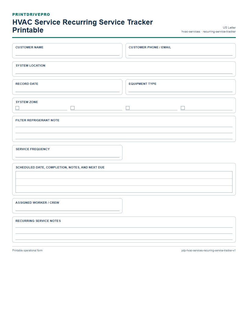 HVAC Service Recurring Service Tracker Printable preview
