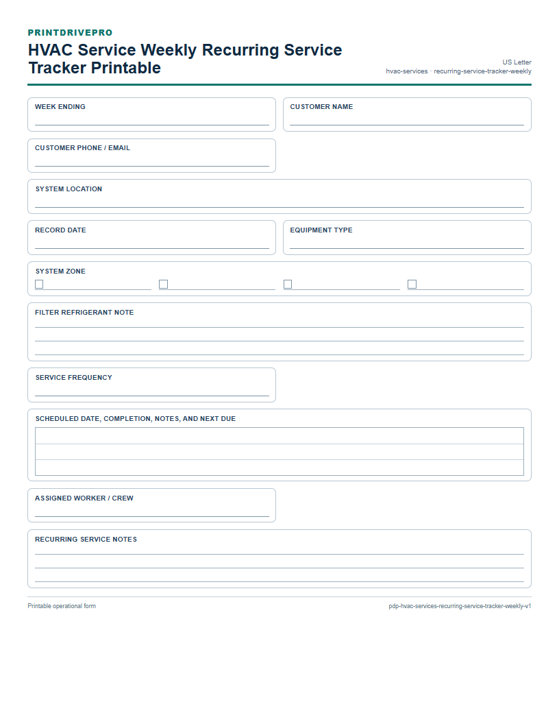 HVAC Service Weekly Recurring Service Tracker Printable preview