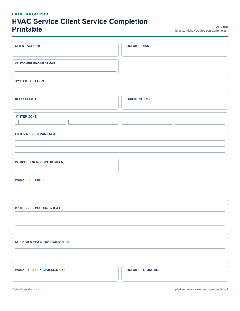 HVAC Service Client Service Completion Printable preview