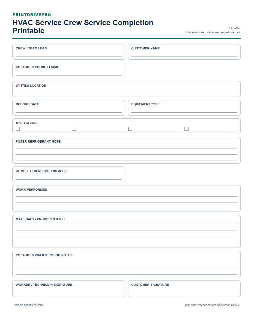 HVAC Service Crew Service Completion Printable preview