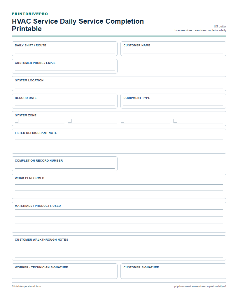 HVAC Service Daily Service Completion Printable preview