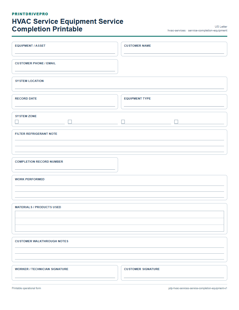 HVAC Service Equipment Service Completion Printable preview