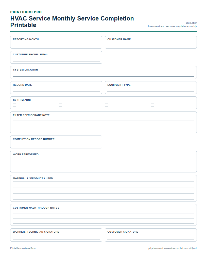 HVAC Service Monthly Service Completion Printable preview