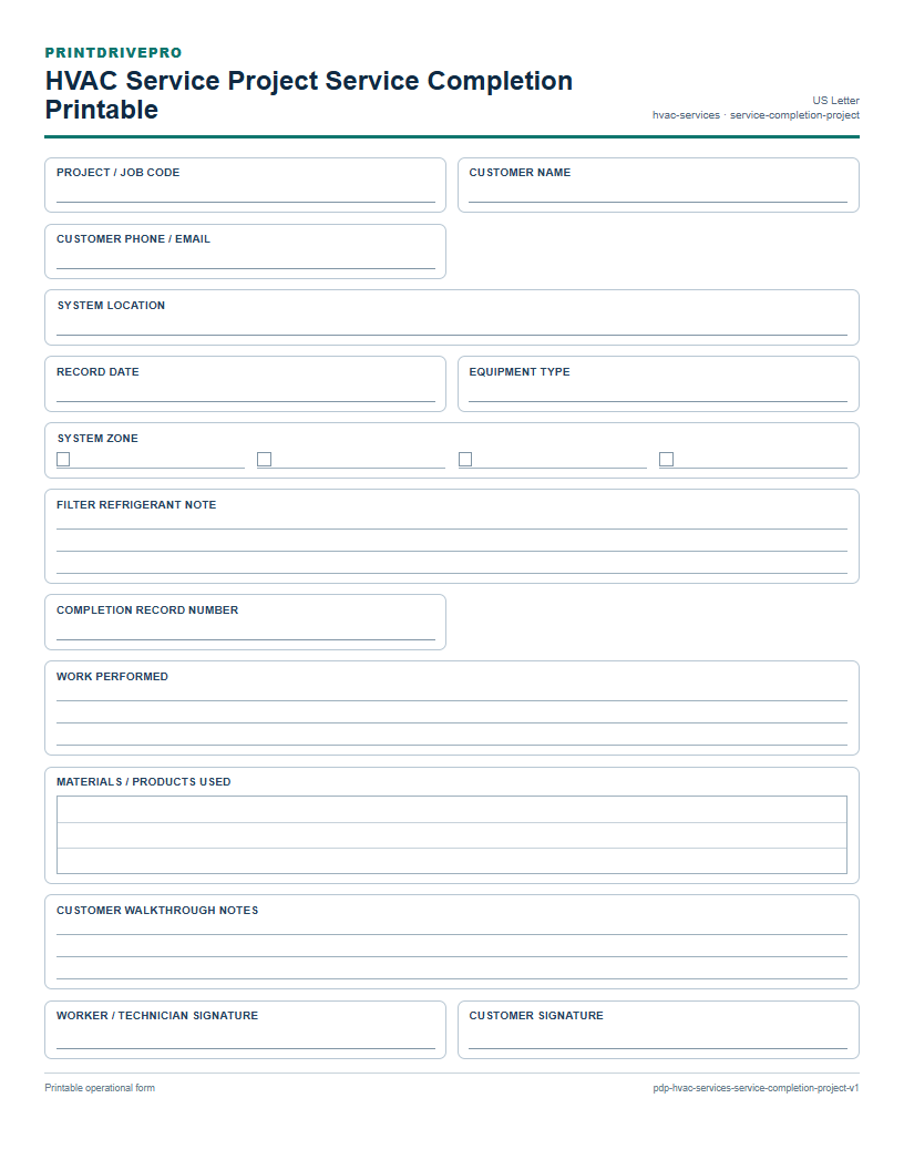 HVAC Service Project Service Completion Printable preview